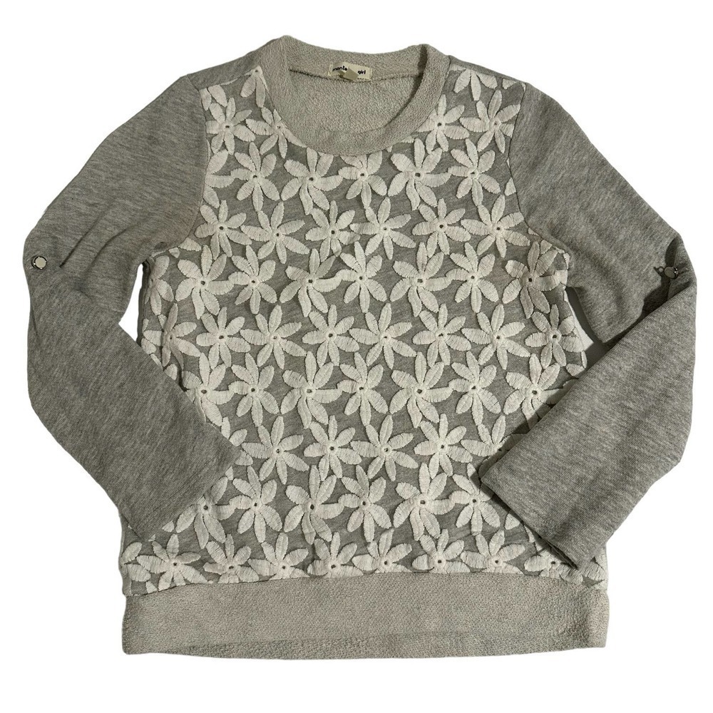 Monteau Girl Crochet Flower Sweatshirt Gray Size 10-11